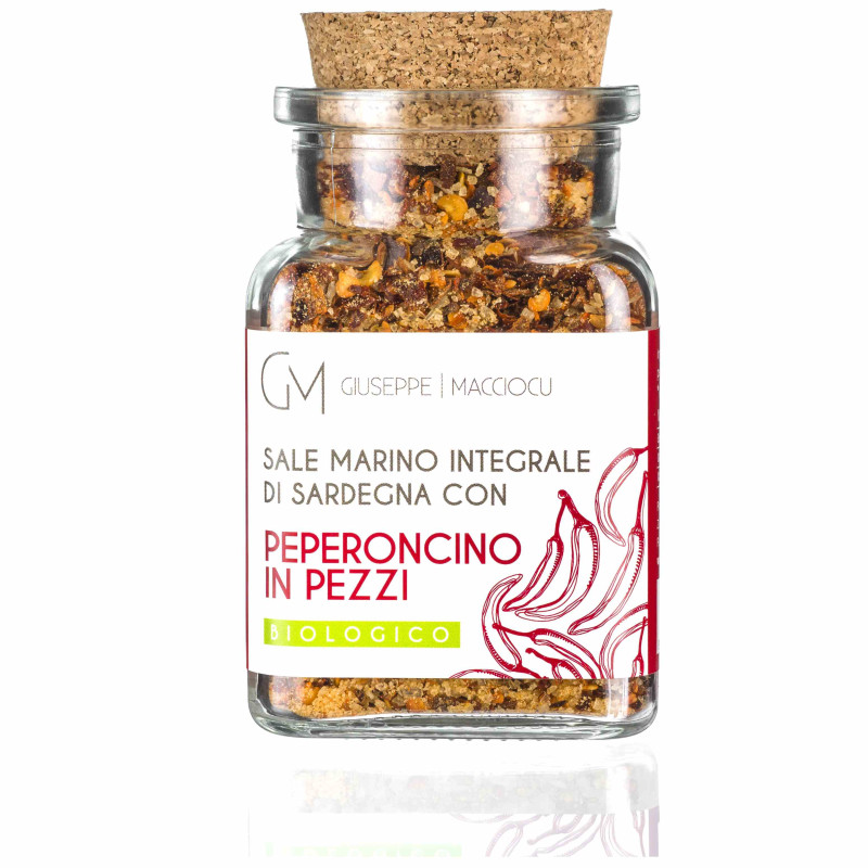 Unrefined Biologic sea salt + red pepper in flakes 110gr Jar with cork cap